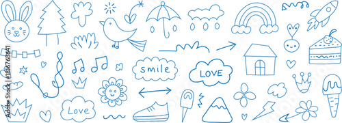 Adorable child backdrop line icons of a tree, cloud, and flower.  Kid art element pattern in a hand-drawn doodle sketch.  Children sketch backgrounds of flowers, animals, and clouds.  Vector set