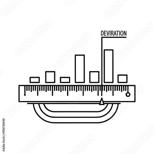 Line art icon of a micrometer measuring tool showing deviation on a bar chart scale, isolated on