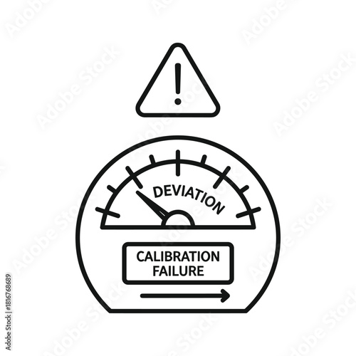 Line art icon of a gauge showing deviation and calibration failure with a warning triangle above, isolated on