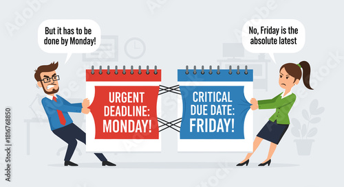 Colleagues in humorous time-management conflict with giant calendar, workplace deadline challenges and office teamwork in scheduling