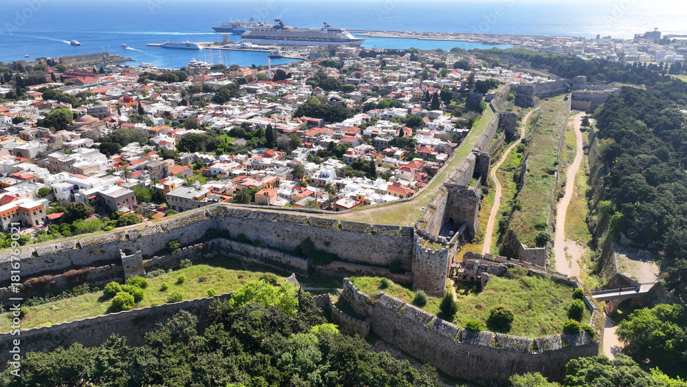 Fototapeta premium Aerial drone photo of popular for tourists Medieval fortified old town of Rhodes island featuring nice restaurants and ancient sites an Unesco World Heritage, Dodecanese, Greece