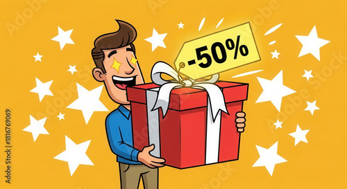 Happy shopper holding oversized gift box with discount tag, holiday sales and shopping excitement concept