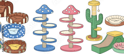 Set of colorful cat furniture and pet accessories, including mushroom and cactus themed scratching posts, multi-level towers, and cozy beds for playing and resting.