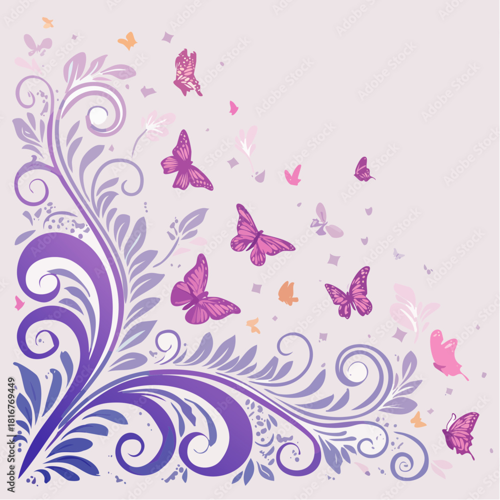 Fototapeta premium Elegant Vector Illustration Featuring Intricate Purple Botanical Scrollwork with Scattered Flying Butterflies