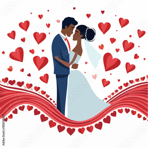 Romantic Vector Illustration of African American Bride and Groom Embracing Amidst Floating Red Hearts