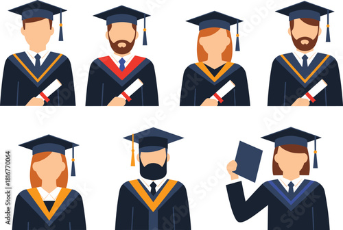 Set of diverse male and female graduates in gowns and caps holding diplomas, symbolizing university success, higher education achievement, academic ceremony, and earned degrees.
