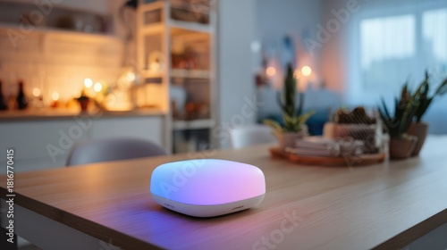 Softly Glowing Smart Device on Minimalist Table in Cozy Modern Kitchen with Ambient Lighting and Indoor Plants