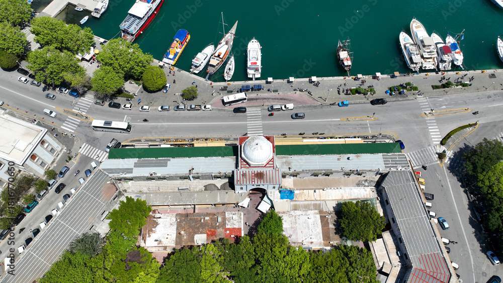 Fototapeta premium Aerial drone photo of iconic Mandraki harbor in picturesque main town of Rhodes island, Dodecanese, Greece