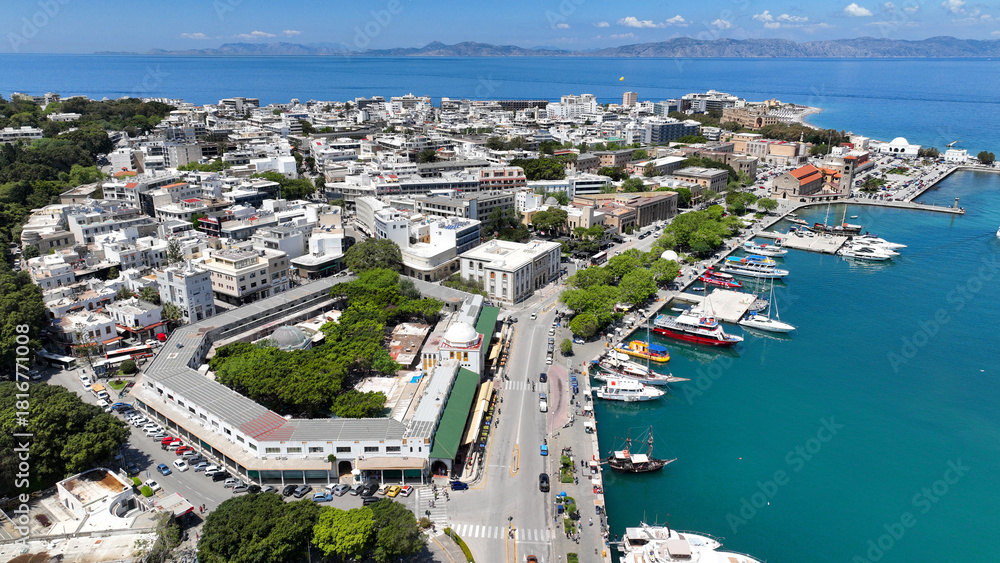 Naklejka premium Aerial drone photo of iconic Mandraki harbor in picturesque main town of Rhodes island, Dodecanese, Greece