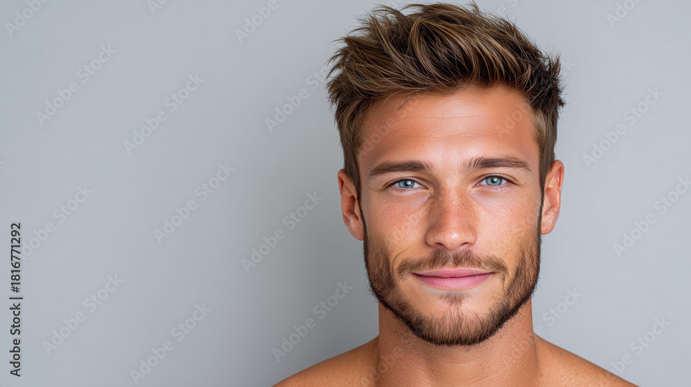 Naklejka premium Clinical Modern Portrait of a Man with Subtle Cheeky Smile