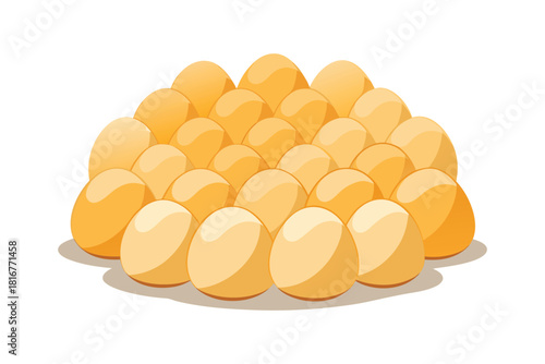 A large pile of golden yellow chicken eggs clustered together isolated on white background
