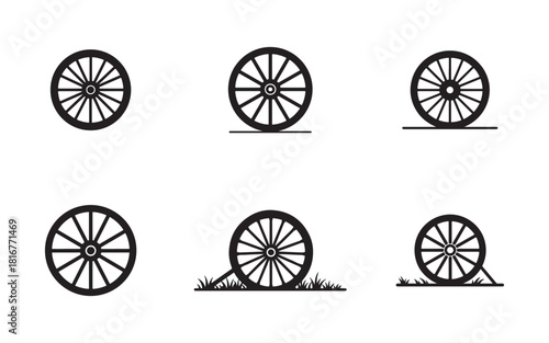Collection of simple wagon wheel silhouettes on a clean white backdrop