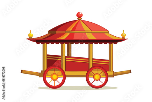 Ornate red and gold traditional asian carriage or palanquin isolated on white background
