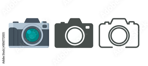 Set of three distinct camera icons showcasing flat design, solid silhouette, and outline styles for photography concepts. Vector