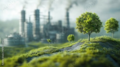 A landscape showcasing the integration of coal bed methane, featuring lush green hillsides and trees in the foreground, with an industrial complex visible in the background