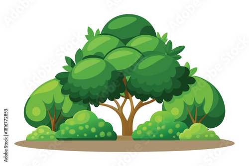 A cluster of lush green trees and bushes in a natural setting isolated on white background
