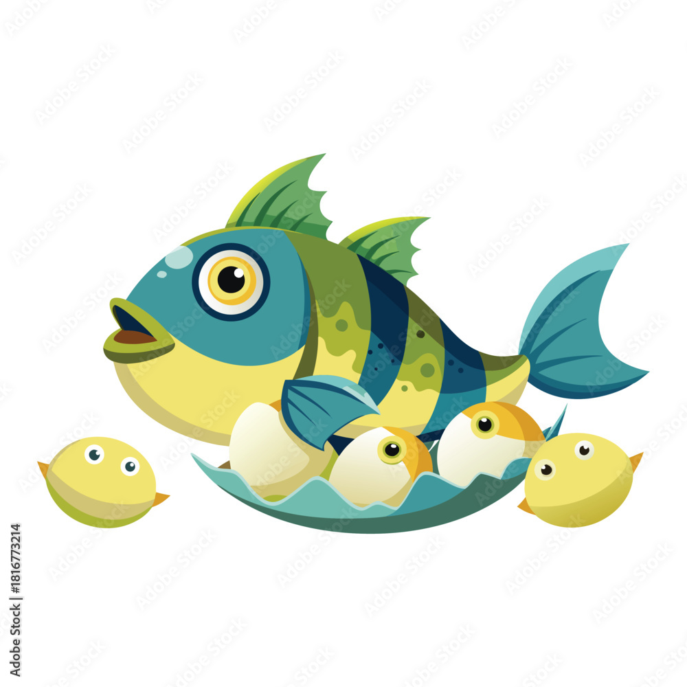 Fototapeta premium Cute cartoon fish family with babies swimming together isolated on white background 