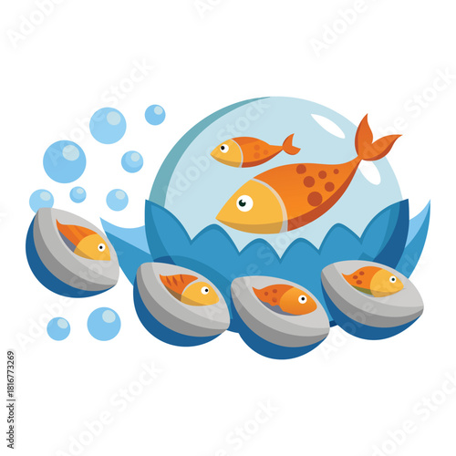 Cute cartoon fish swimming in a water bubble with sliced boiled eggs isolated on white background
