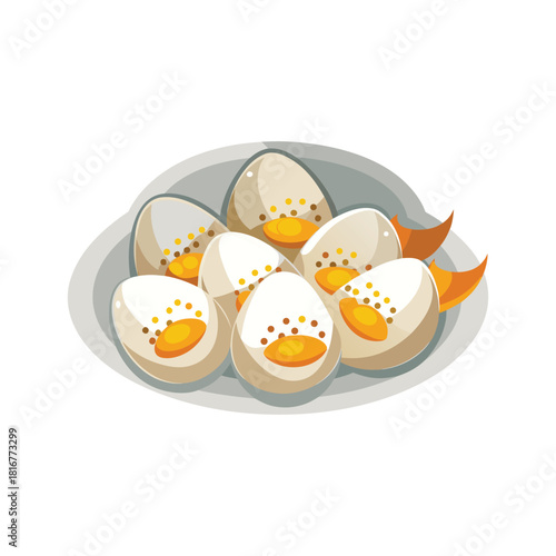 Bowl of sliced hard boiled eggs with seasoning and garnish isolated on white background

