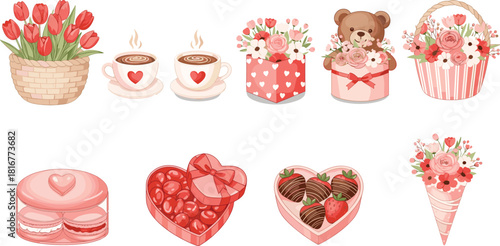 Set of romantic Valentine's Day elements including heart-shaped chocolates, flowers, teddy bear, and coffee cups, symbolizing love, dating, gift, and holiday celebration