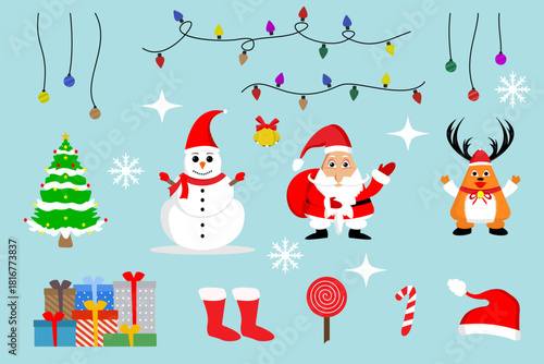 Flat Christmas cartoon characters. Merry holidays, snowman, Santa Claus, Christmas tree, Christmas stocking, Christmas hat, Christmas lights, Christmas gifts, Christmas leaves, Christmas bells, and Ch