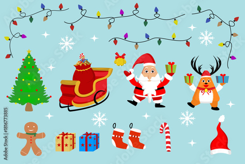 Flat Christmas cartoon characters. Merry holidays, snowman, Santa Claus, Christmas tree, Christmas stocking, Christmas hat, Christmas lights, Christmas gifts, Christmas leaves, Christmas bells, and Ch