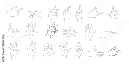 Set of various hand gestures line art illustration on white background, showing pointing, counting, and communication signs Vector