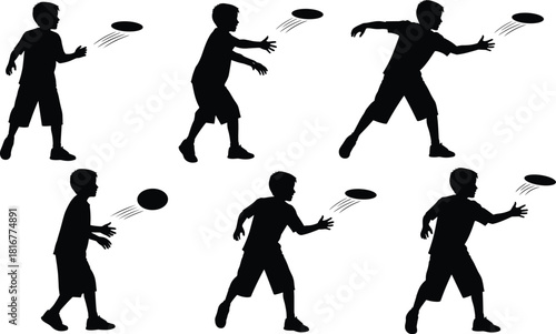 Boy Silhouettes Playing Frisbee, Throwing and Catching Flying Disc, Summer Outdoor Sport, Black and White Vector Illustration Set