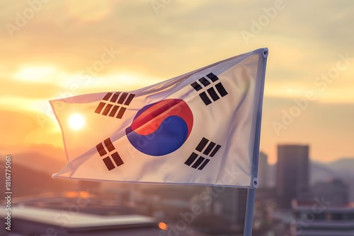 South Korean flag illuminated by golden sunset light Image