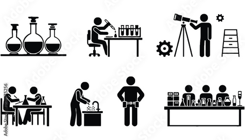 Black and white science and occupation related stick figure pictograms