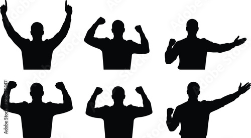 Men Silhouettes with Raised Arms Celebrating Success, Cheering, Victory, Excitement, Black and White Vector Illustration Set, Team Spirit