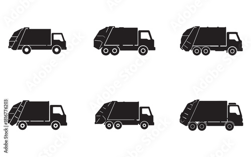 Garbage truck icons set black silhouette urban sanitation vehicle collection
