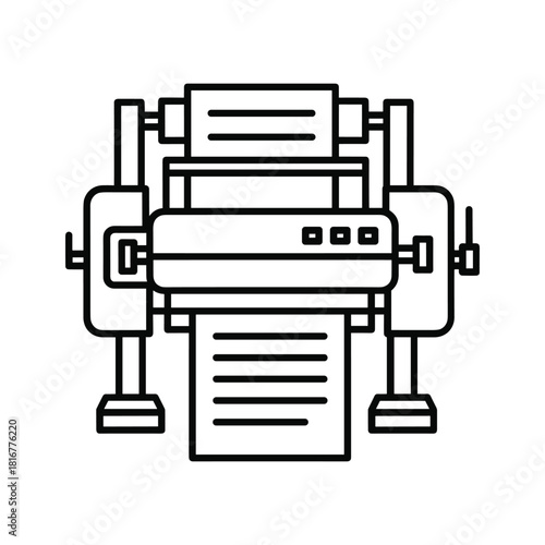 Black and white line icon illustration of a large industrial printing press machine with paper output isolated on