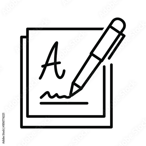 Black and white line icon representing a signature being written on a document with a pen, isolated on
