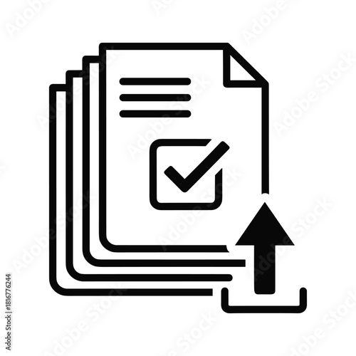 Stack of document icon with checkmark and upload arrow, simple black outline graphic isolated on