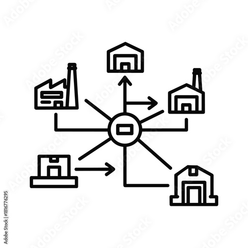 Centralized distribution network diagram showing factory and warehouse connection to a central hub icon