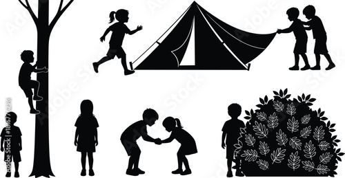 Children Silhouettes Playing Outdoors, Camping, Climbing Tree, Setting Up Tent, Nature Exploration, Black and White Vector Set