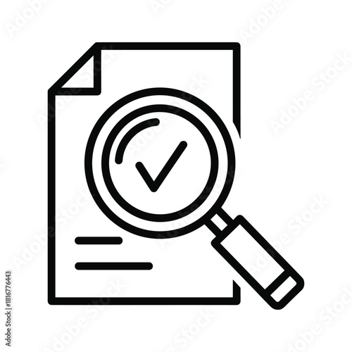 Black and white line icon of a magnifying glass over a document with a check mark, isolated on