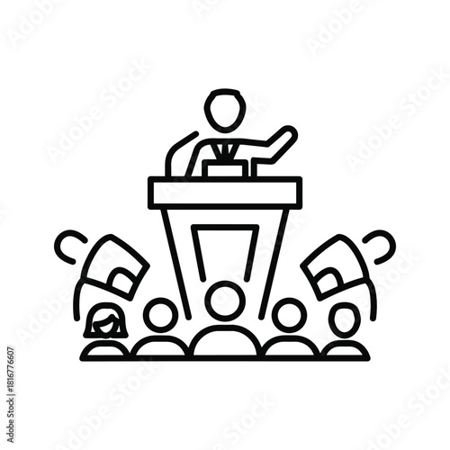 Line icon of politician giving speech from podium to audience, isolated on