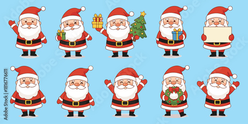 Cartoon Santa Claus in various poses with gifts, wreath, tree, sign, holiday character set, flat vector illustration