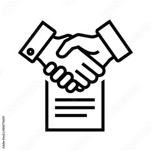 Line icon representing a business agreement or partnership with a handshake over a document, isolated on