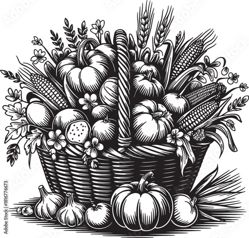 Retro Harvest Still Life Black and White Cornucopia Food Coloring