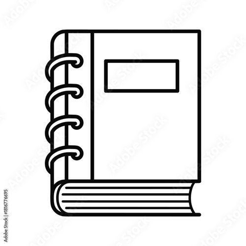 Simple black and white line art icon of a spiral bound notebook or journal with a blank cover for text