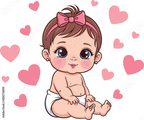 Baby girl cartoon, cute infant, pink hearts, rosy cheeks, diaper, bow headband, sitting pose, love theme, flat vector illustration