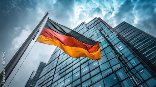 German flag waves in front of a modern glass skyscraper Image