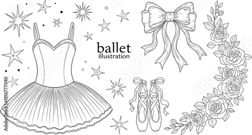 Ballet tutu dress, pointe shoes, floral bow, elegant stars and roses, black and white line art, flat vector illustration
