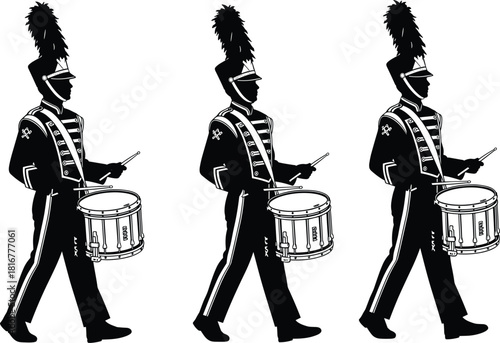 Marching Band Drummer Silhouettes in Uniform with Feathered Plumes, Black and White, Side View, Vector Illustration