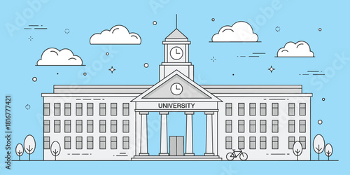 Cartoon university building with clock tower, classical architecture, campus trees and bicycle, educational institution design, flat vector illustration