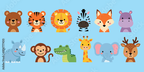 Cartoon wild animals for kids, bear tiger lion zebra fox hippo monkey elephant giraffe crocodile deer, flat vector illustration