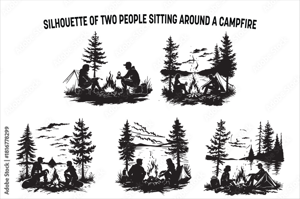 Fototapeta premium Camping Couple Around a Bonfire – Forest Silhouette Set